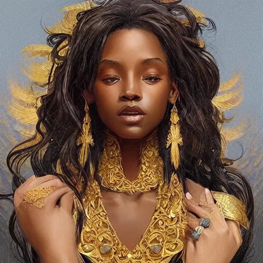 Prompt: a portrait of an attractive young Black female, beautiful long hear, clothed in golden feathers, intricate, elegant, highly detailed, digital painting, trending on artstation, concept art, smooth, sharp focus, illustration, art by artgerm and greg rutkowski and alphonse mucha