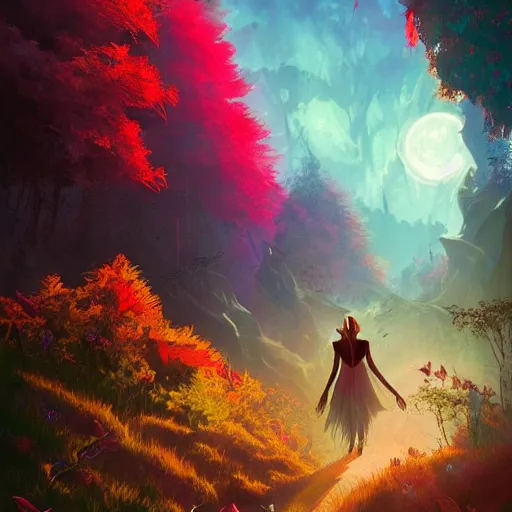 Image similar to Vampire traveling through a beautiful psychedelic world, intricate, elegant, fantasy, highly detailed, digital painting, concept art, sharp focus, illustration, beautiful volumetric lighting, epic light, artstation, magic hour lighting, colorful, sunshine, springtime, art by Sylvain Sarrailh