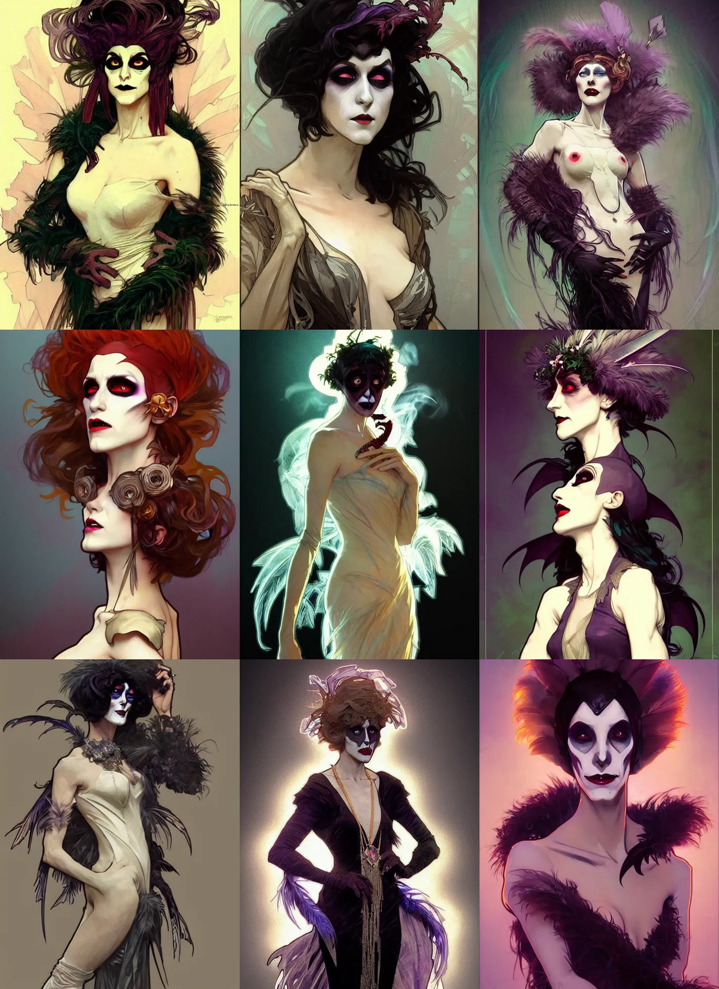 Prompt: digital concept art by artgerm and greg rutkowski and alphonse mucha. full body!! flapper nosferatu drag queen, feather boa, smoke, bad wig, ruined makeup. light effect. hyper detailed, character concept, glowing lights!! intricate, elegant, digital painting, artstation, smooth, sharp focus