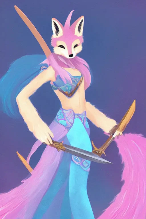 Image similar to a fox warrior princess holding a sword, candy pastel, backlighting, trending on artstation, digital art, by kawacy, furry art