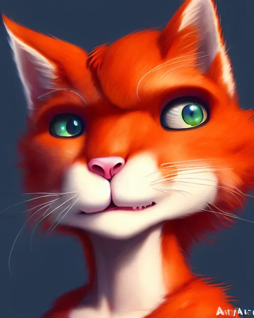 Image similar to character concept art of a cute young male anthropomorphic furry red cat | | cute - fine - face, pretty face, key visual, realistic shaded perfect face, fine details by stanley artgerm lau, wlop, rossdraws, james jean, andrei riabovitchev, marc simonetti, and sakimichan, trending on artstation