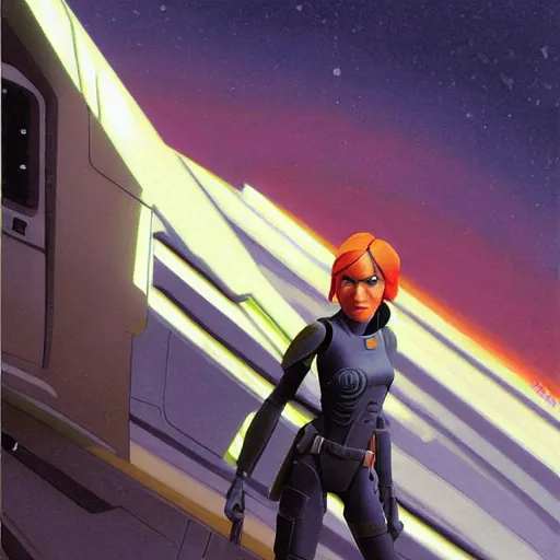 Prompt: Sabine wren concept art painting by Ralph McQuarrie dynamic mood painting