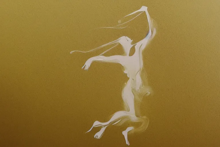 Image similar to beautiful serene swimming person, healing through motion, life, minimalistic golden and ink airbrush painting on white background