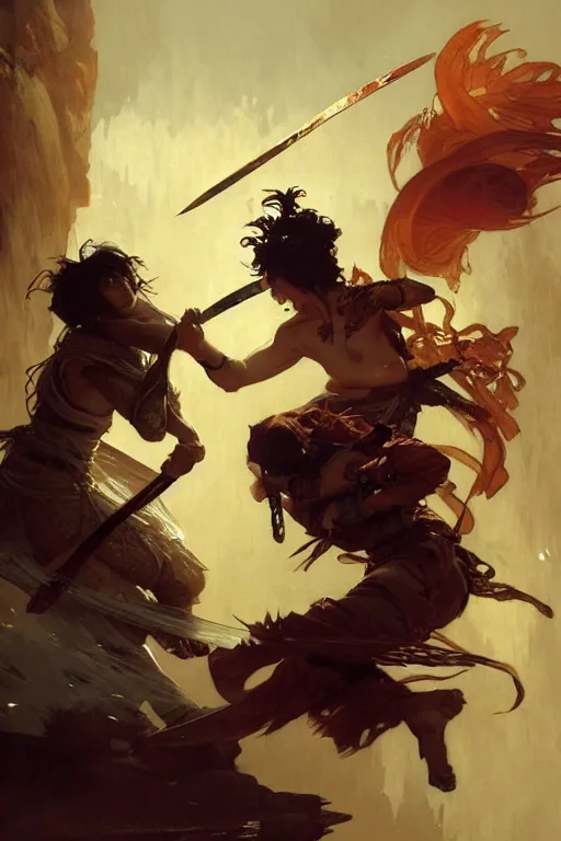 Prompt: An epic fight moment between one demon slayer with one female skilled samourai in style of by gaston bussiere, and craig mullins and greg rutkowski and alphonse mucha, awesomenes , concept art world,