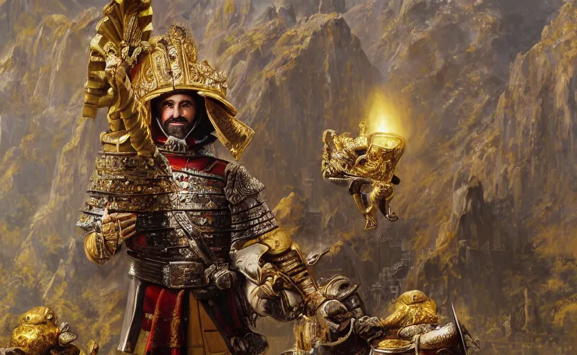 Image similar to smiling spanish conquer soldier francisco pizarro holding golden cup on a inca temple, wide view, high detailed, full perfect, symmetrical portrait, high detail, by craig mullins, peter mohrbacher, unreal engine, octane rendered, 8 k, dark beauty, trending on artstation