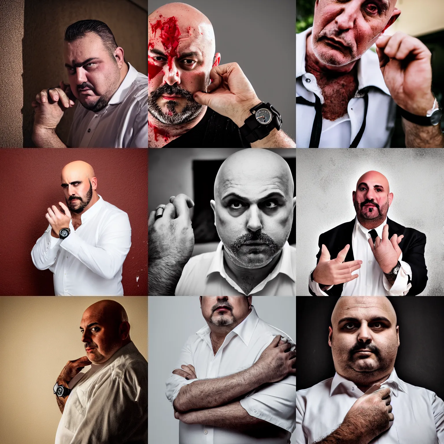 Prompt: a midage italian male, bald entrances, overweight, beardless, wearing a watch, wearing white shirt stained with blood, hair gel combed backwards, mafia, pistol on his hand, full body picture, cinematic, photography, 4 k