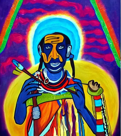 Image similar to Painting of a shaman dressed in a colorful traditional clothes. He is smoking a pipe. From the pipe there is a whole universe escaping and filing the sky