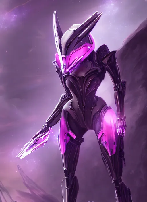 Image similar to cinematic close shot, galactic sized proportional stunning beautiful hot female warframe goddess, sleek robot mecha dragon head, metal ears, led purple eyes, smooth fuschia skin, smooth silver armor, floating in space, holding a galaxy, epic proportions, epic detail, furry art, dragon art, giantess art, warframe fanart, furaffinity, octane