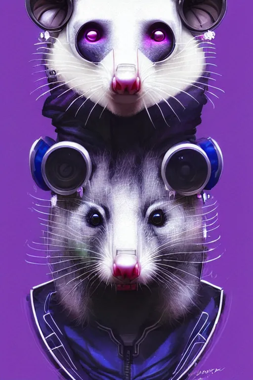 Image similar to a beautiful portrait of a cute cyberpunk opossum by sandra chevrier and greg rutkowski and wlop, purple blue color scheme, high key lighting, volumetric light, digital art, highly detailed, fine detail, intricate, ornate, complex, octane render, unreal engine, photorealistic