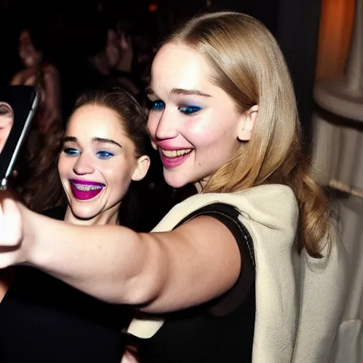 Image similar to a woman who is a genetic combination emilia clarke and jennifer lawrence takes a selfie with a woman who is the genetic combination of emily rudd and taylor swift, medium shot, detailed eyes,