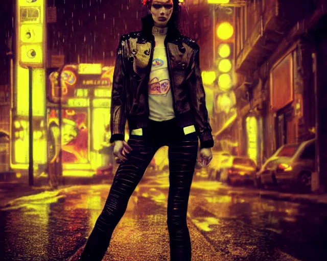 Image similar to painting of a punk woman in a leather bomber jacket on a rainy street at night, neon lighting, medium shot, symmetrical, elegant intricate digital painting, trending on artstation, by artgerm and greg rutkowski and alphonse mucha