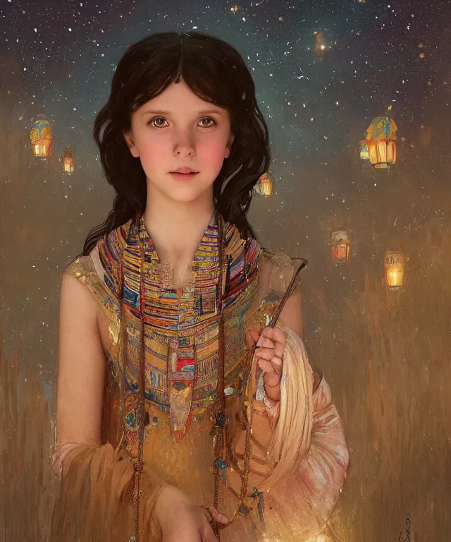 Image similar to a beautiful painting of a girl resembling millie bobby brown at the lantern festival in a an ancient egyptian town, at night with a sky full of stars, intricate, elegant, highly detailed, digital painting, artstation, concept art, by krenz cushart and artem demura and alphonse mucha