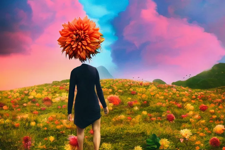 Image similar to giant dahlia flower crown under head, girl walking on mountain, surreal photography, colorful storm clouds, dramatic sunset, impressionist painting, digital painting, artstation, simon stalenhag