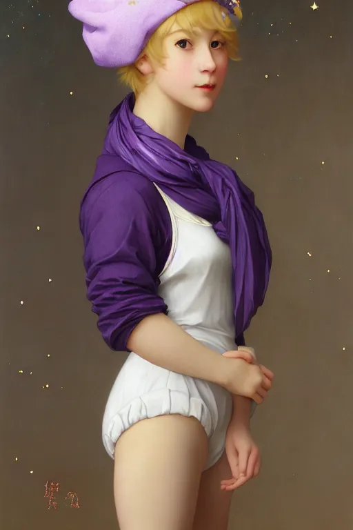 Image similar to Full View girl with short blond hair wearing an oversized purple Beret, Baggy Purple overall shorts, Short Puffy pants made of silk, silk shoes, a big billowy scarf, Golden Ribbon, and white leggings Covered in stars. Short Hair. masterpiece 4k digital illustration by Ruan Jia and Mandy Jurgens and Artgerm and william-adolphe bouguereau, award winning, Artstation, art nouveau aesthetic, Alphonse Mucha background, intricate details, realistic, panoramic view, Hyperdetailed, 8k resolution, intricate art nouveau