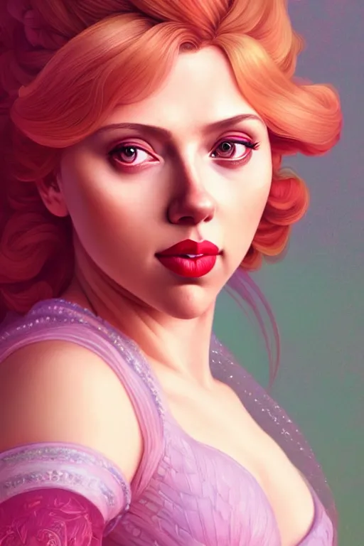 Prompt: a portrait of scarlett johansson as princess peach, fantasy, sharp focus, intricate, elegant, digital painting, artstation, matte, highly detailed, concept art, illustration, ambient lighting, art by ilya kuvshinov, artgerm, alphonse mucha, and greg rutkowski