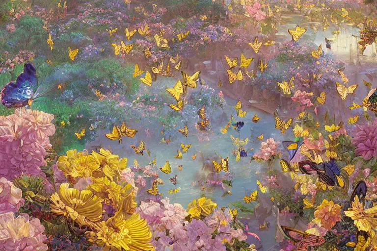 Prompt: a beautiful oil painting of flutter of colorful butterflies, flowers, gilded gold, 4 k unreal engine renders, ultra - wide angle, by victo ngai, jen yoon, geof darrow, peter mohrbacher, johfra bosschart, thomas kinkade, miho hirano, hd, pastel color scheme