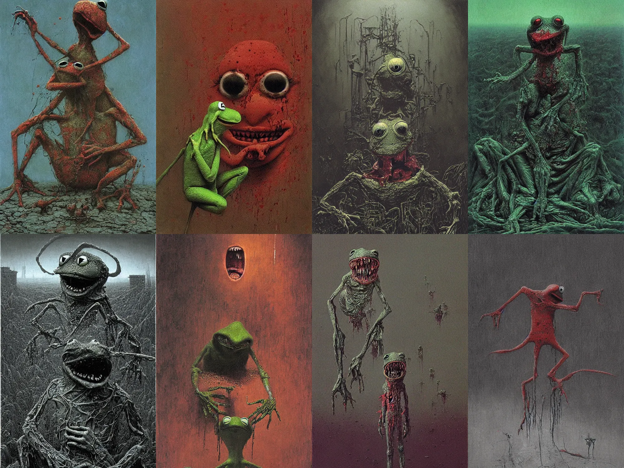 Prompt: bloody Kermit the frog megalophobia ,horror, by beksinski