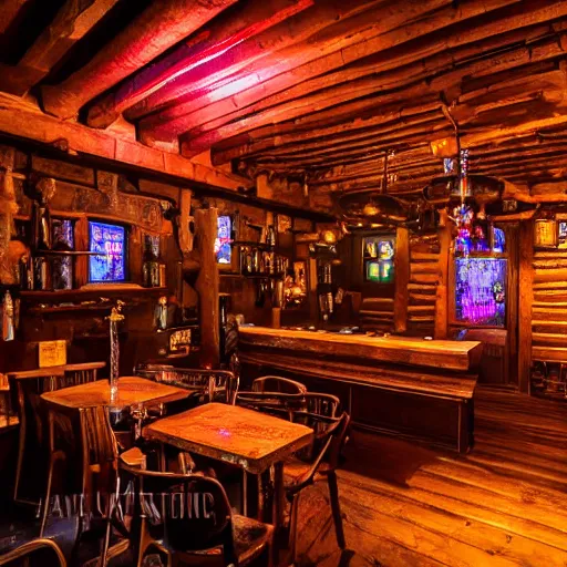 Image similar to a bar with medieval style interior, but covered in neon lights everywhere. walls are covered with arms and coats of teuntonic order, everything shines with rgb lights. ancient cabin with cyberpunk features. walls have medieval european weapons, relics flashing with purple light, hardwood tables in style of old 1 4 th century tavern. teutonic flags eveywhere.