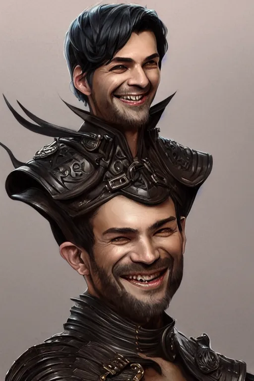 Image similar to portrait of a grinning male thief, looking at camera, D&D, leather armor, very short dark hair, intricate, elegant, stylish, cute smile, fantasy, extremely detailed, digital painting, artstation, concept art, smooth, sharp focus, illustration, ambient lighting, art by artgerm and greg rutkowski and alphonse mucha and simon stalenhag