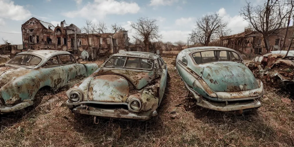 Image similar to low wide angle shot of dilapidated fallout 5 europa, retro futuristic overgrown euro rural town, desolate, dilapidated houses, few rusted retro futuristic vintage parked vehicles like cars, volumetric lighting, photorealistic, daytime, spring, clear weather, sharp focus, ultra detailed, 3 5 0 0 k