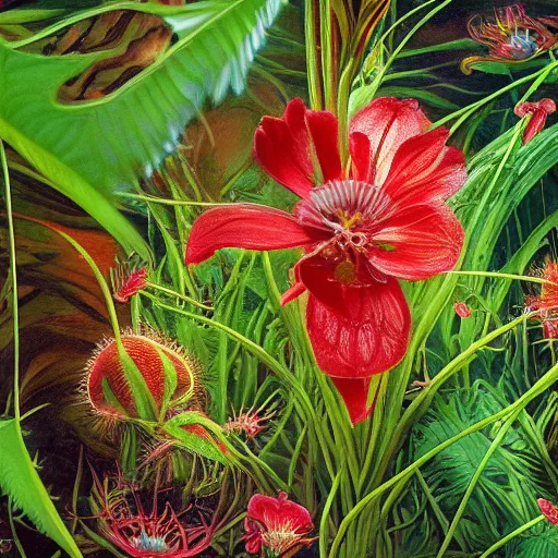 Prompt: flower venus flytrap grab mulatto in the jungle, epicaly surreally beautiful image, hyper-realistic, high resolution, hypnotic measurements , ultra detailed painting, epic visuals, absolutely outstanding, 16K