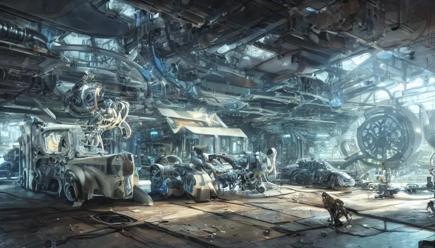 Image similar to the inside of a futuristic mechanic spaceshop coc, highly detailed interior, scrap metal on workbenches, half - finished robot, holographic screen in center frame by peter mohrbacher, cryengine render, hyper realism, realistic shading, cinematic composition, realistic render, octane render, detailed textures, photorealistic, wide shot, fanciful, colorful