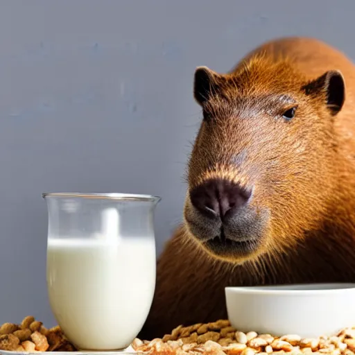 Image similar to capybara drowning in a bowl of milk and cereal