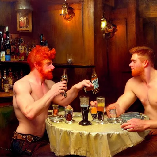 Image similar to attractive mike, wearing pants, with ginger hair with attractive tyler with brunet hair, drinking their hearts out, in a pub, no shirt. very defined and highly detailed painting by gaston bussiere, j. c. leyendecker, craig mullins 8 k