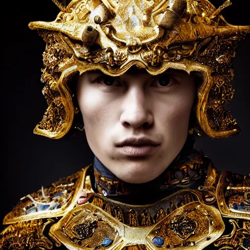 Image similar to a portrait of a beautiful young male wearing an alexander mcqueen armor made of wax , photographed by andrew thomas huang, artistic