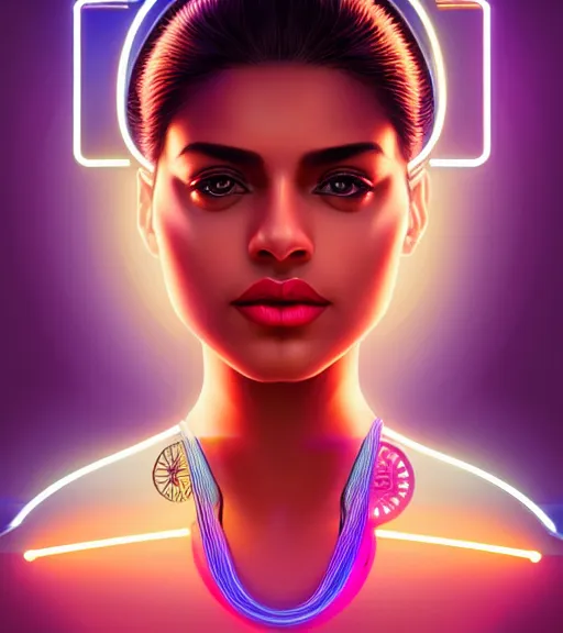 Image similar to symmetry!! indian princess of technology, solid cube of light, hard edges, product render retro - futuristic poster scifi, lasers and neon circuits, brown skin gorgeous indian princess, intricate, elegant, highly detailed, digital painting, artstation, concept art, smooth, sharp focus, illustration, dreamlike, art by artgerm