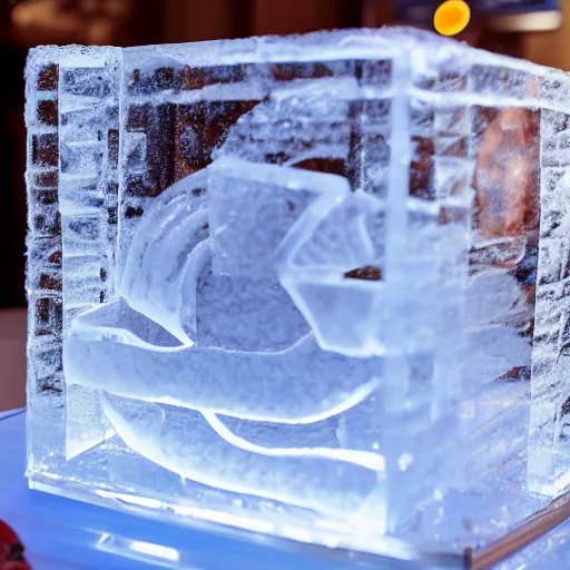 Image similar to a clear ice sculpture of a burger made entirely of ice, 4 k