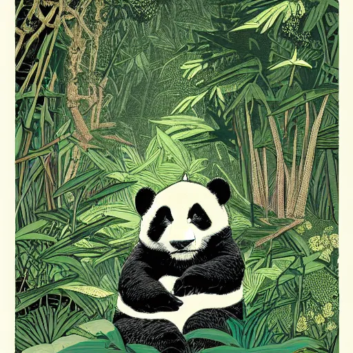 Prompt: pandas, and other wild life in a linocut print of lush fantasy forest, amazing art, highly detailed, intricate, color, masterpiece, by victo ngai, craig mullins