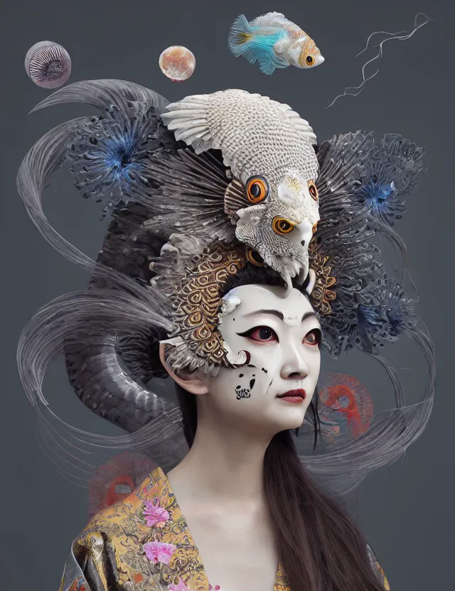 Image similar to 3 d goddess half - turn portrait with ram skull. beautiful intricately detailed japanese crow kitsune mask and clasical japanese kimono. betta fish, jellyfish phoenix, bio luminescent, plasma, ice, water, wind, creature, artwork by tooth wu and wlop and beeple and greg rutkowski