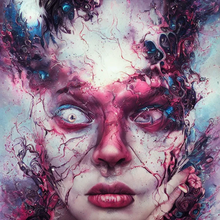 Image similar to dream portrait of the awakening of my 3rd eye,full character, melting ,8k,by tristan eaton,Stanley Artgermm,Tom Bagshaw,Greg Rutkowski,Carne Griffiths, Ayami Kojima, Beksinski, Giger,trending on DeviantArt,face enhance,hyper detailed,minimalist,horror, android, full of colour