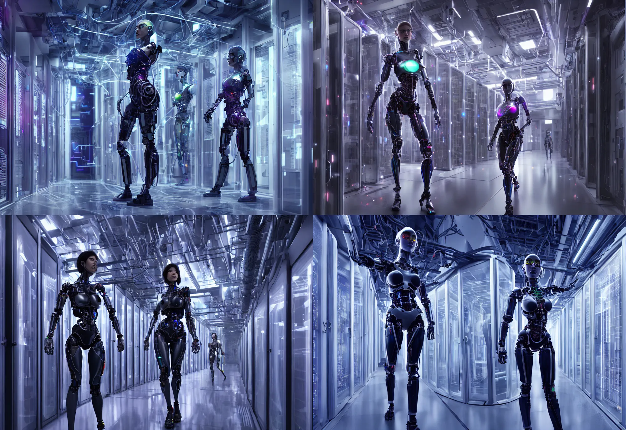 Prompt: female cyborg in data center, in detailed data center, in realistic data center, whole body, whole figure, character design, proportional human body, stylish, awesome composition rules, cinematic realistic, detailed, composition, hyper realistic, extreamly detailed octane render 8 k by ex - machina, by cyberpunk, violet colors