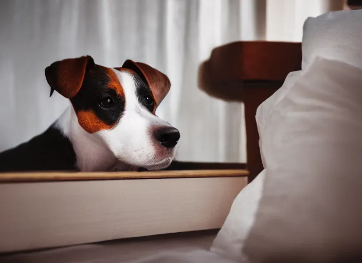 Image similar to photography of a Jack Russel . watching outside the window. on a bed. in a vintage room full of vinyls and posters.,volumetric light, photorealistic,, award winning photo, 100mm, sharp, high res