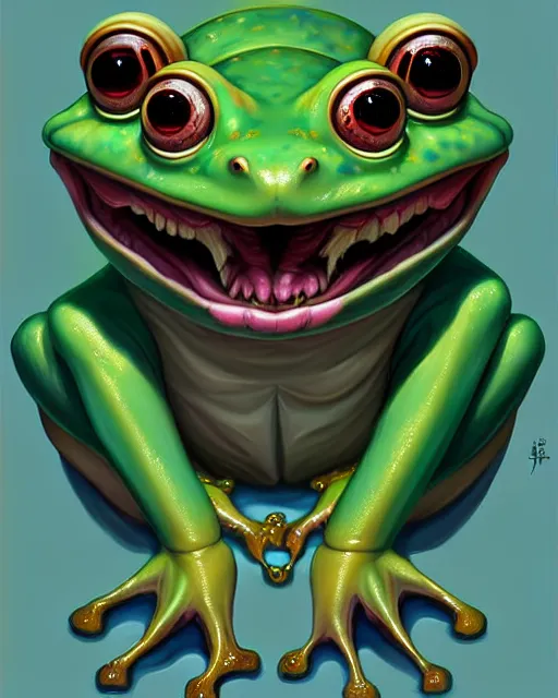 Image similar to digital art, fantasy portrait of a frog with a large smile, by james jean, by ross tran, ultra detailed, character design, concept art, trending on artstation,