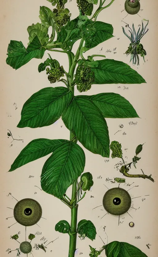 Image similar to scientific botanical illustration of a green plant with eyeballs instead of flowers