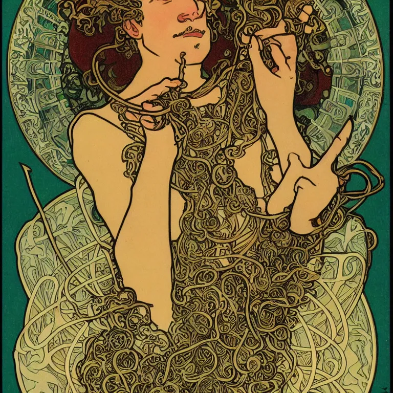 Image similar to fantasy art deco tarot card portrait of aphex twin by mucha