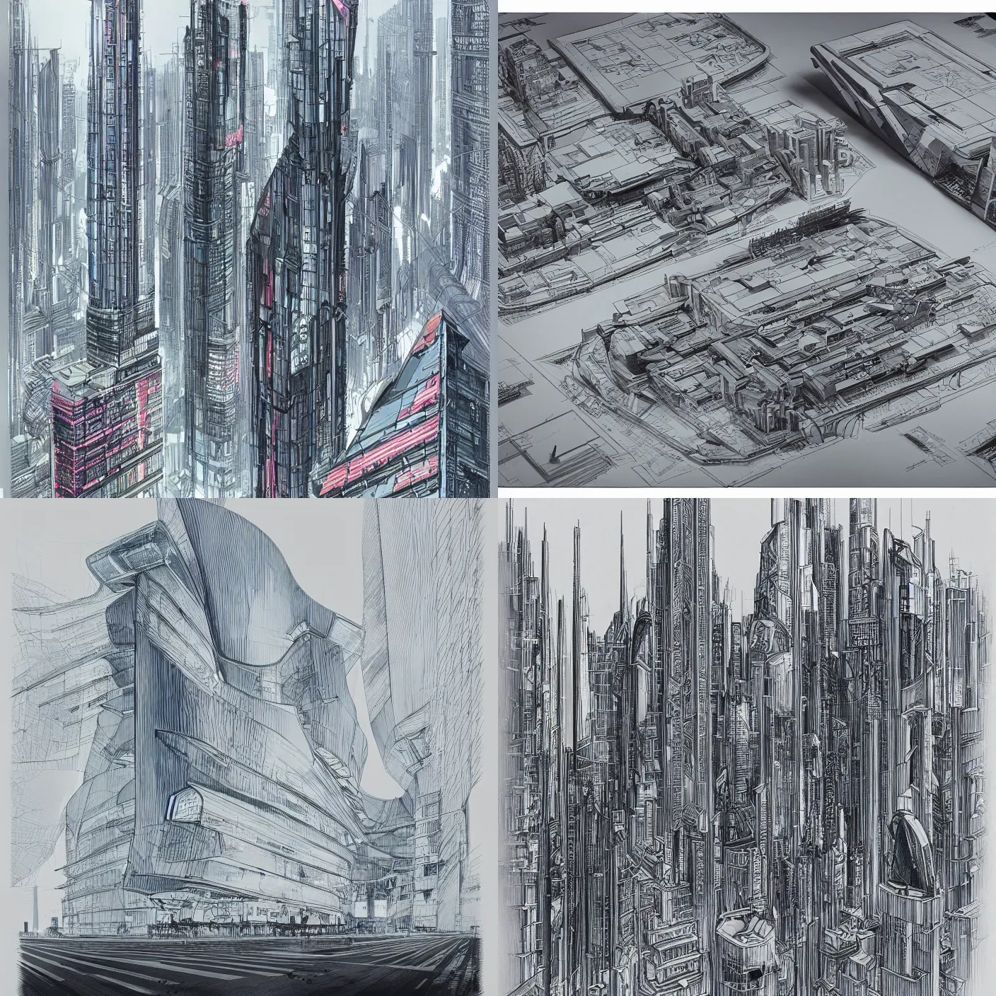 Prompt: architectural sketching of cyberpunk, by norman foster + zaha hadid, extremely detailed, architecture drawing, drawing, line drawing, chartpak ad markers, pastel color, aesthetic color scheme