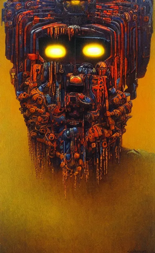 Image similar to portrait of mecha african tribal chief, symmetrical, dramatic lighting, colourful, art by zdzislaw beksinski,