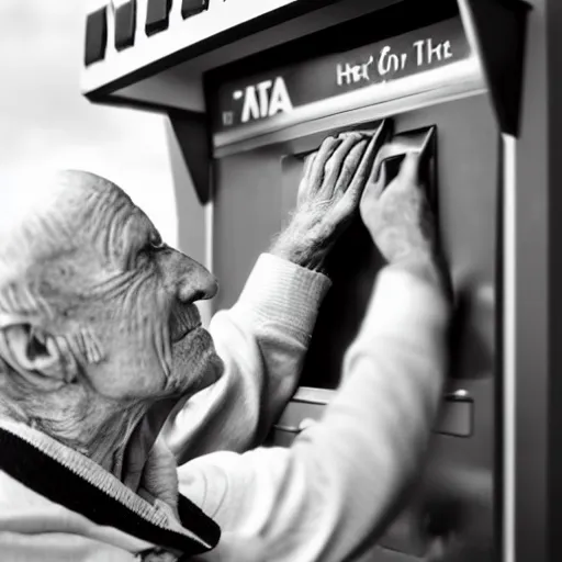 Image similar to B&W photo of an old man looking for help as his hand is stuck in an ATM