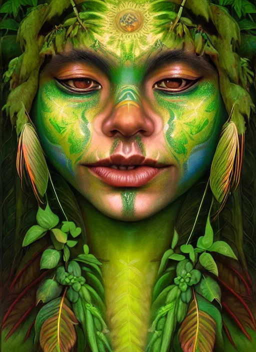 Image similar to the ayahuasca vine plant spirit mixed with the face of a beautiful indigenous woman with a third eye in the jungle, face painted in green, fractals, beautiful colors, matte painting, by christophe vacher