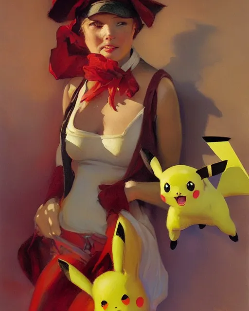 Prompt: pikachu woman painting by gaston bussiere, craig mullins, j. c. leyendecker