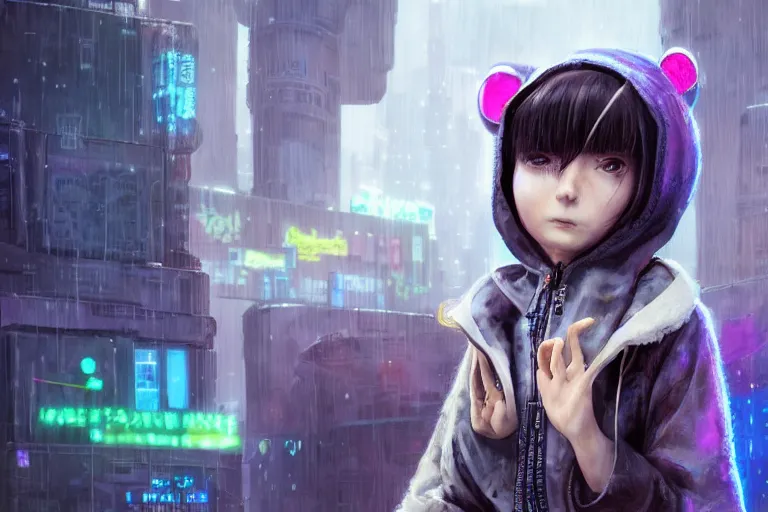 Image similar to an epic fantasy comic book style portrait painting of an extremely cute and adorable very beautiful cyberpunk lain ( serial experiments lain ) wearing a teddy bear hoodie in the rain, neon reflections, character design by mark ryden and pixar and hayao miyazaki, unreal 5, daz, hyperrealistic, octane render, cosplay, rpg portrait, dynamic lighting, intricate detail, cinematic