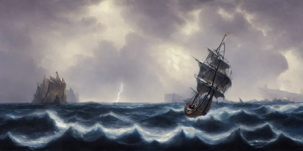 Prompt: a sail powered pirateship sailing through a powerful lighting storm, cliffs can be seen in the background, in the style of hudson river school, trending on art station, done in all blues