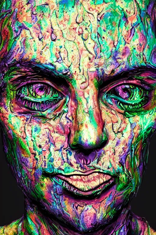 Prompt: psychedelic melting wax face, close up shot, diffuse lighting, intricate, elegant, highly detailed portrait, lifelike, photorealistic, digital painting, smooth, sharp focus