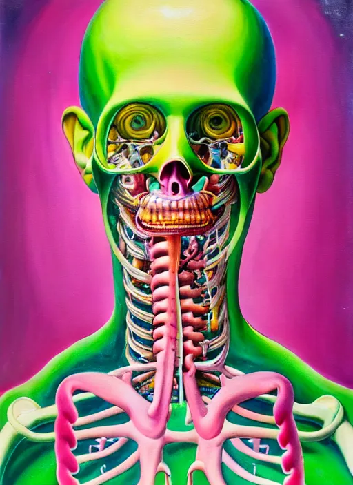 Image similar to a beautiful and highly detailed painting of an anatomical portrait wearing overalls, inside a grand room lined with paintings, emotionally expressive, oil painting, soft light, pink and green olour palette, cinematic composition, cinematic lighting, sharp focus, masterpiece by shusei nagaoka kaws, david rudnick, airbrush on canvas, pastell colors, cell shaded 8 k