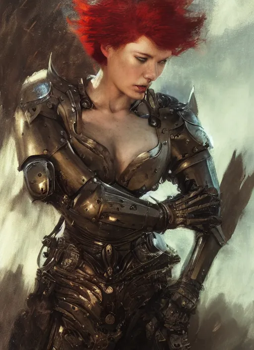 Image similar to red short haired muscular woman wearing basic black medieval armour, detailed by gaston bussiere, bayard wu, greg rutkowski, giger, maxim verehin, greg rutkowski, masterpiece, sharp focus, cinematic lightning