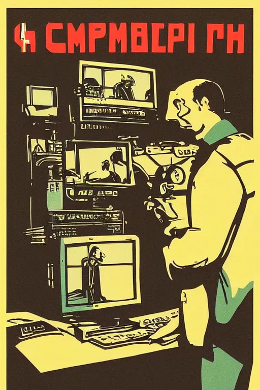 Prompt: “Room full of video production equipment. Man in front of computer. Hero! Winner! Best! Soviet propaganda poster in the style of Dmitry Moor”